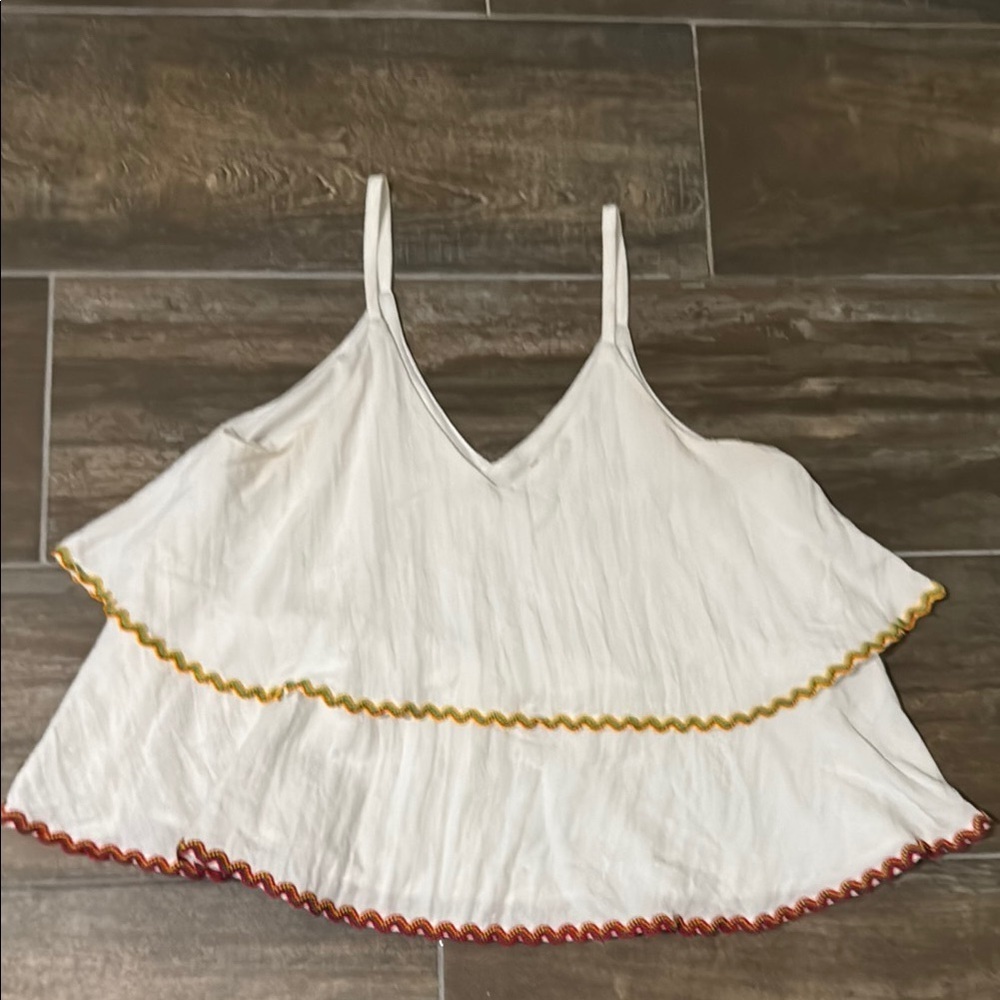 Altar'd State White Tiered Spaghetti Strap Cami with Yellow & Rust Trim